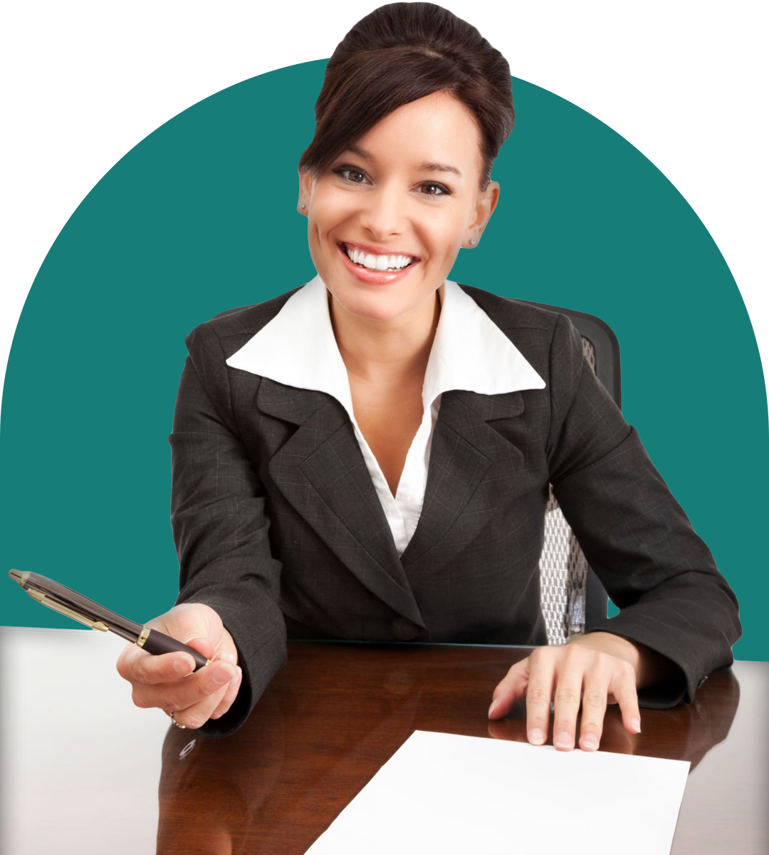 business woman with smile at desk wanting document signed